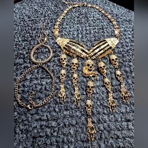 Gold Skeleton Hand Skull Gothic Punk Statement Necklace W/Snake Pendant Bracelet